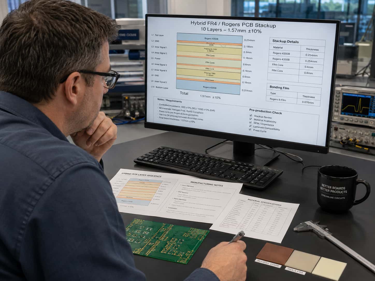 Engineer reviewing mixed laminate PCB stackup design with FR4 and Rogers hybrid layer sequence and bonding film specification before high frequency hybrid board manufacturing
