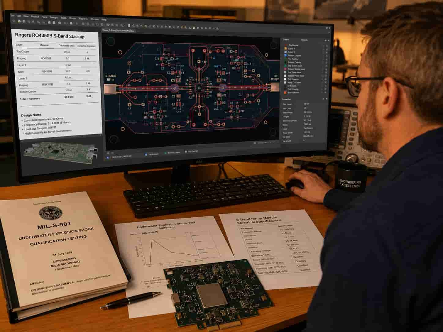 Engineer reviewing naval shipborne high frequency PCB design Rogers material stackup and MIL-S-901 shock qualification requirements before naval electronics board manufacturing