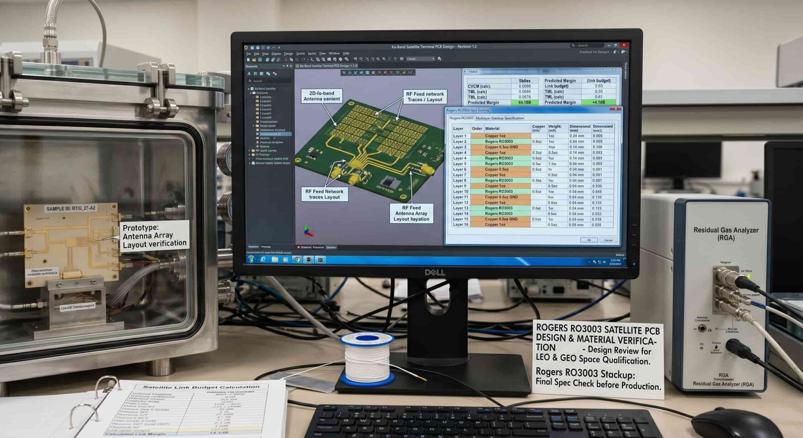 Engineer reviewing satellite communication PCB design files Rogers material stackup and space qualification requirements before high frequency board manufacturing