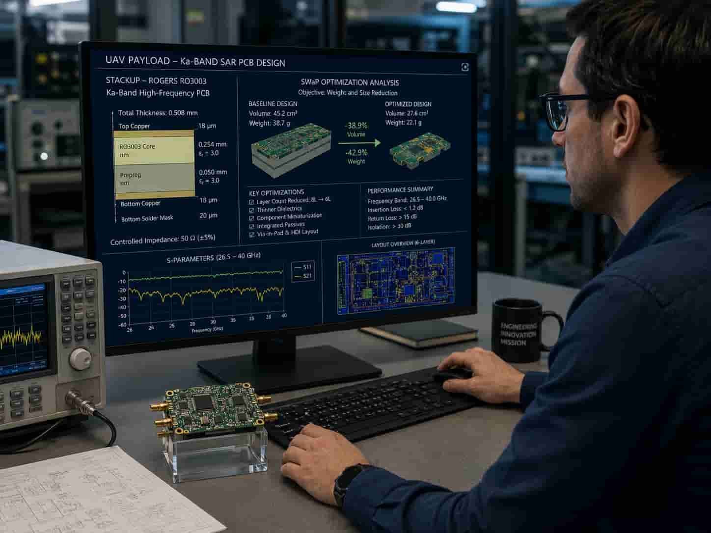 Engineer reviewing UAV payload high frequency PCB design Rogers material stackup and SWaP-C optimization requirements before drone electronics board manufacturing