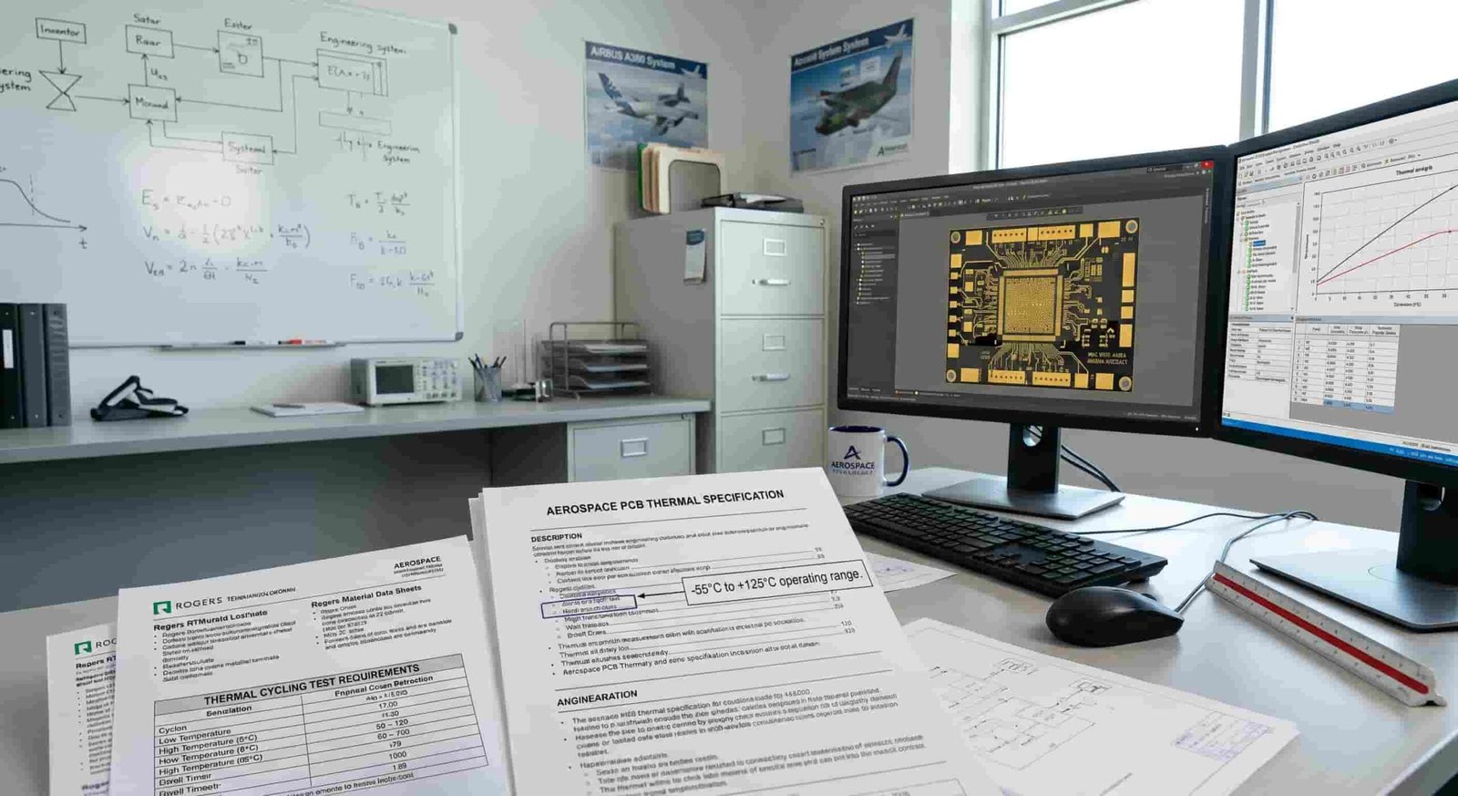 Engineer reviewing wide temperature range aerospace PCB stackup and thermal specification before Rogers PTFE board manufacturing