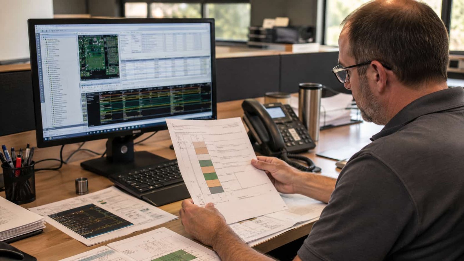 Engineer reviewing RF PCB stackup document showing copper thickness, line width and etching tolerance specifications before high frequency PCB manufacturing