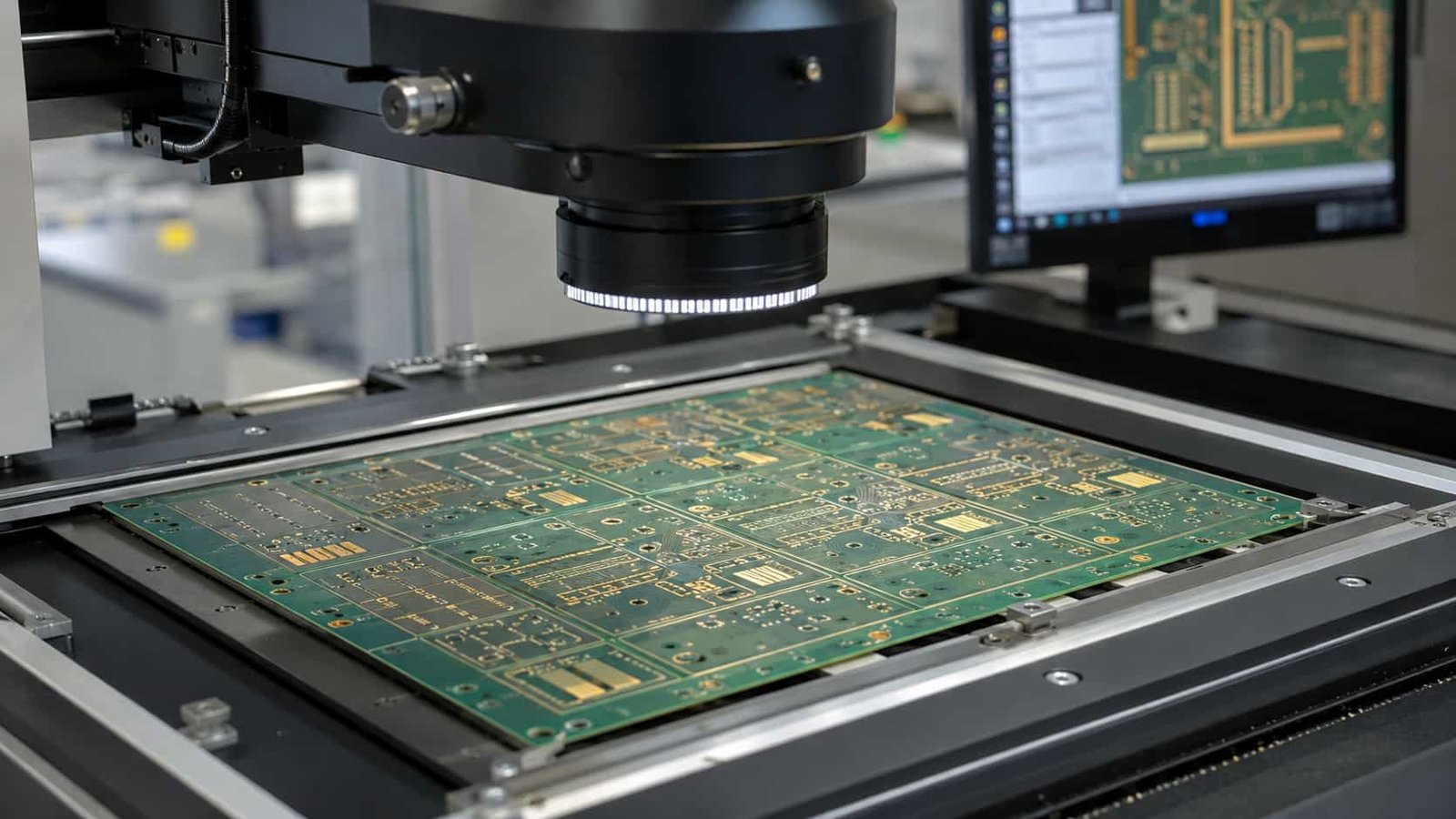 F4B and Rogers PCB Production Inspection Alt text: High frequency PCB panels under optical inspection with RF traces plated holes impedance coupons and production rails