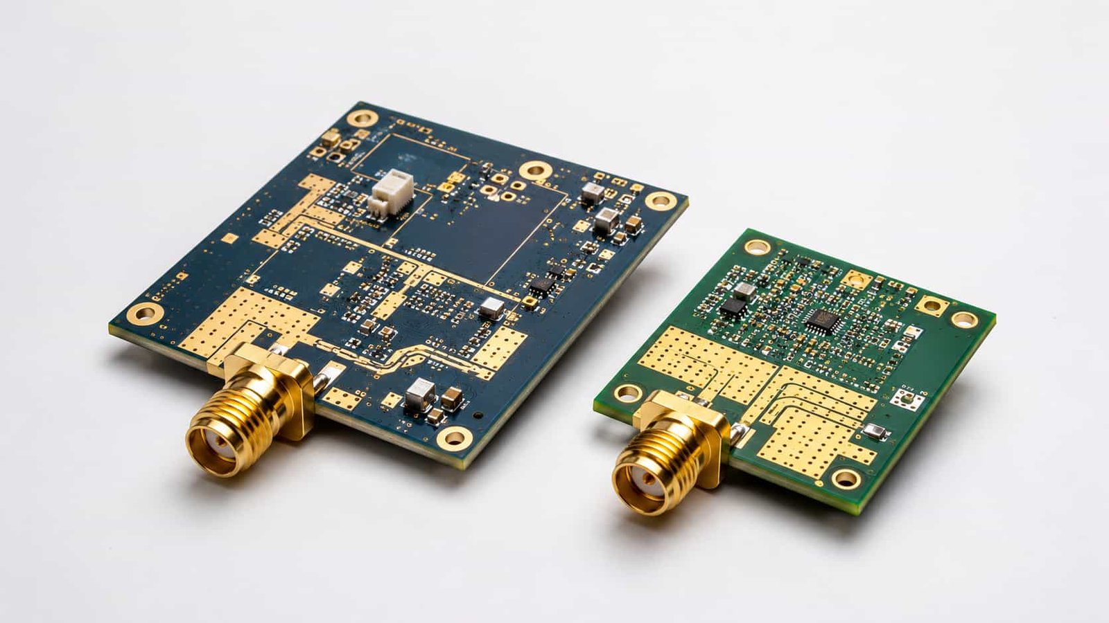 RF PCB product comparison with antenna feed lines RF connector pads gold pads plated holes and controlled impedance traces