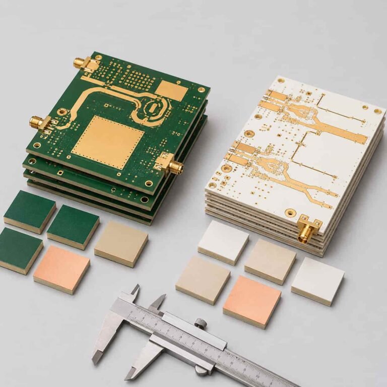 F4B vs Rogers PCB materials comparison with RF PCB samples laminate pieces copper traces plated vias and caliper