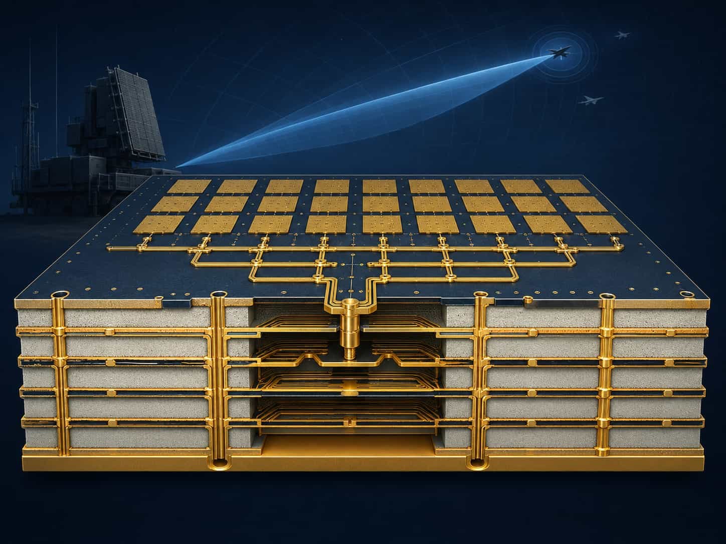 High frequency PCB for ground-based air defense systems showing Rogers RO4350B and RO3003 multilayer board used in phased array surveillance radar fire control radar and air defense command electronics