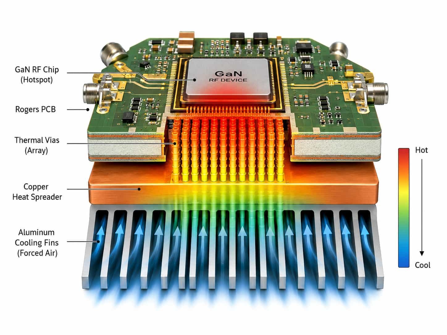 Ground-based air defense PCB high power RF thermal management showing GaN transmitter module thermal via array and heat spreader design for phased array radar high power output