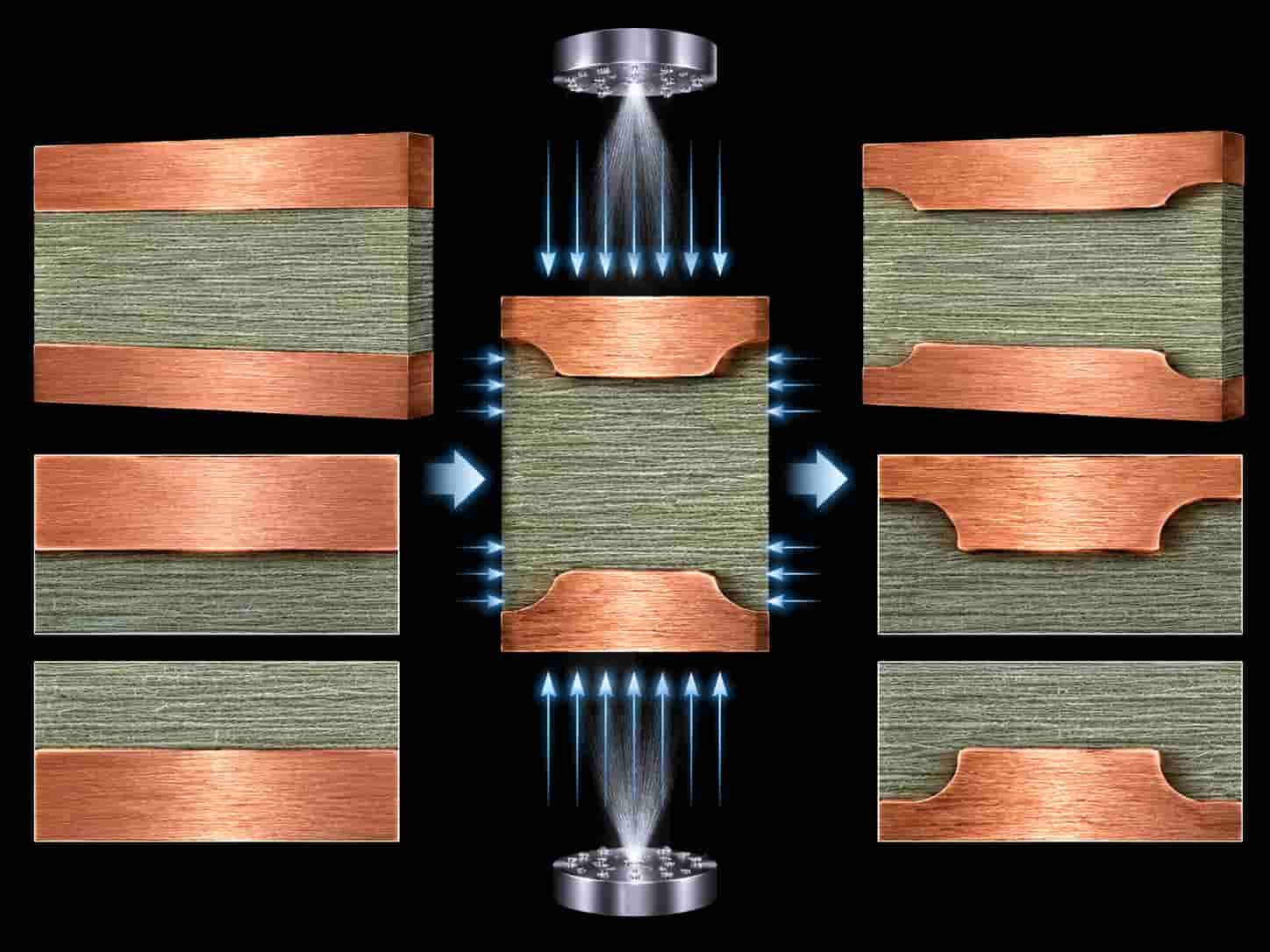 Heavy copper PCB double-side etching process for 6oz copper high frequency board showing etching uniformity challenges and line width control for high power RF transmitter PCB manufacturing