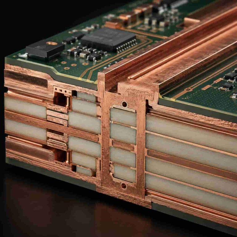 Featured image for heavy copper high frequency PCB guide showing thick copper multilayer circuit board with Rogers laminate combining high power handling and RF microwave performance