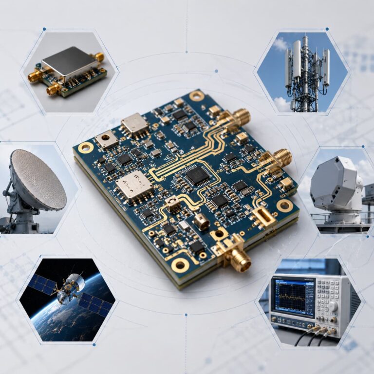 High frequency PCB with RF connectors shown alongside application scenes for base stations, radar systems, satellite communication, antenna equipment, and RF test instruments.