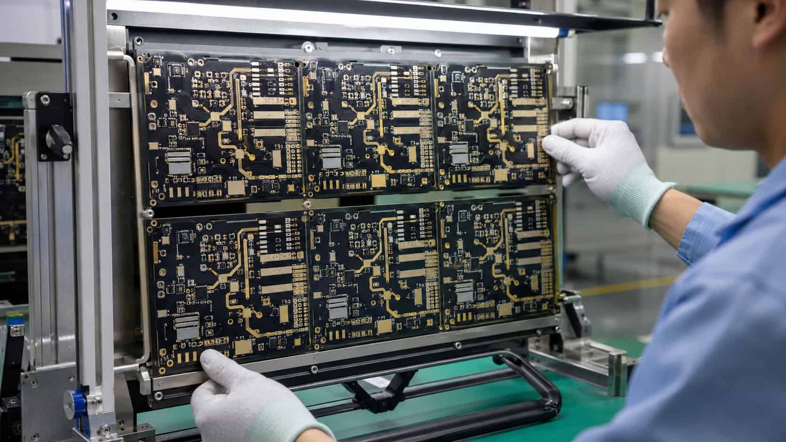 High frequency PCB panels under batch inspection with RF traces plated holes impedance coupons and material consistency review