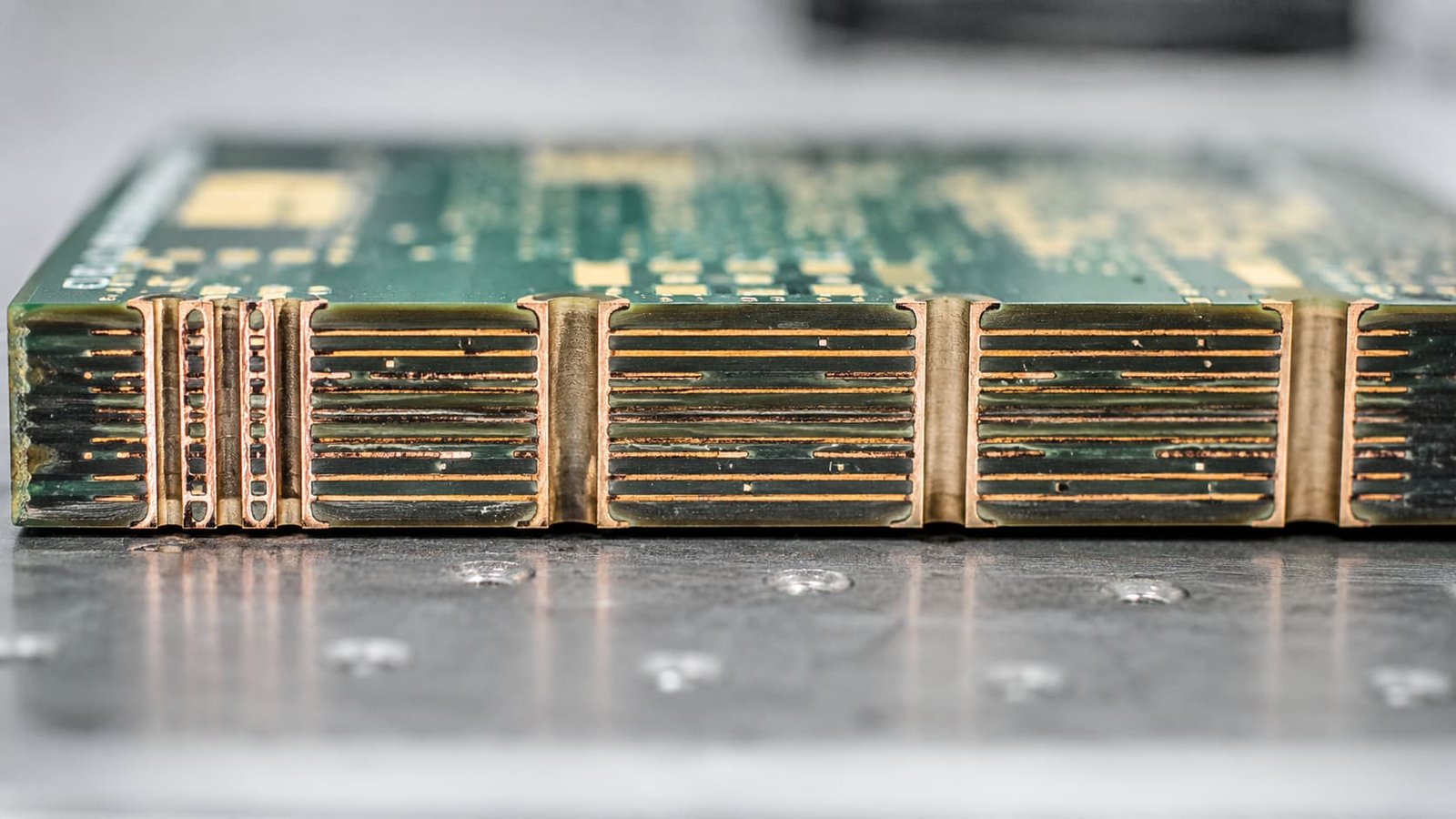 High frequency PCB cross section showing copper layers dielectric thickness plated holes and material stackup review