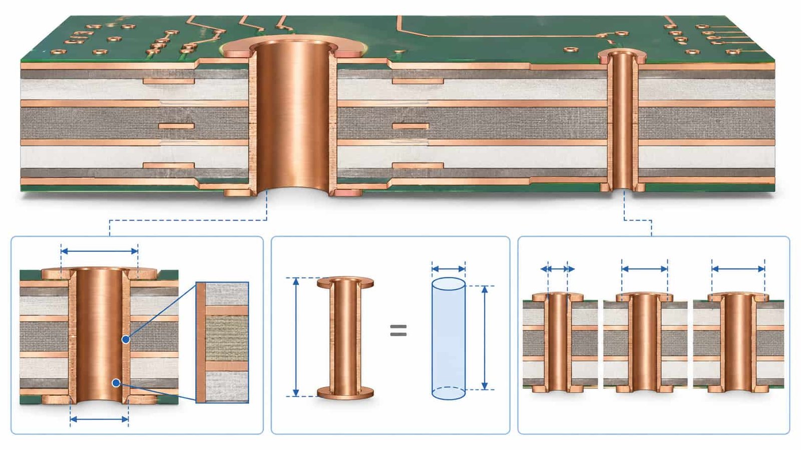 Drilling capability comparison for high frequency PCB showing minimum hole size, aspect ratio and tolerance specifications for standard and advanced manufacturing