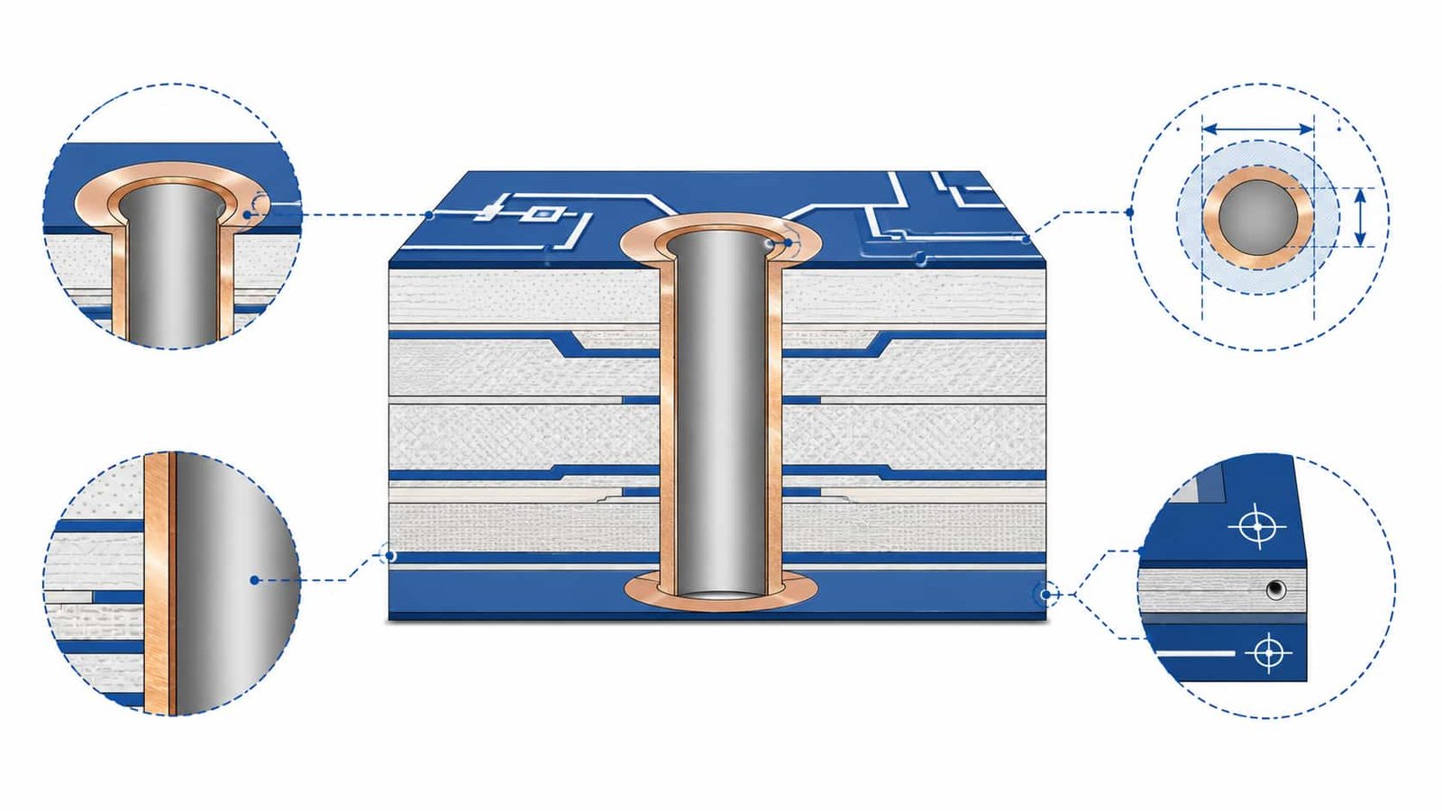 Cross-section diagram of RF PCB drilled holes showing hole diameter tolerance, position accuracy and annular ring width for high frequency applications