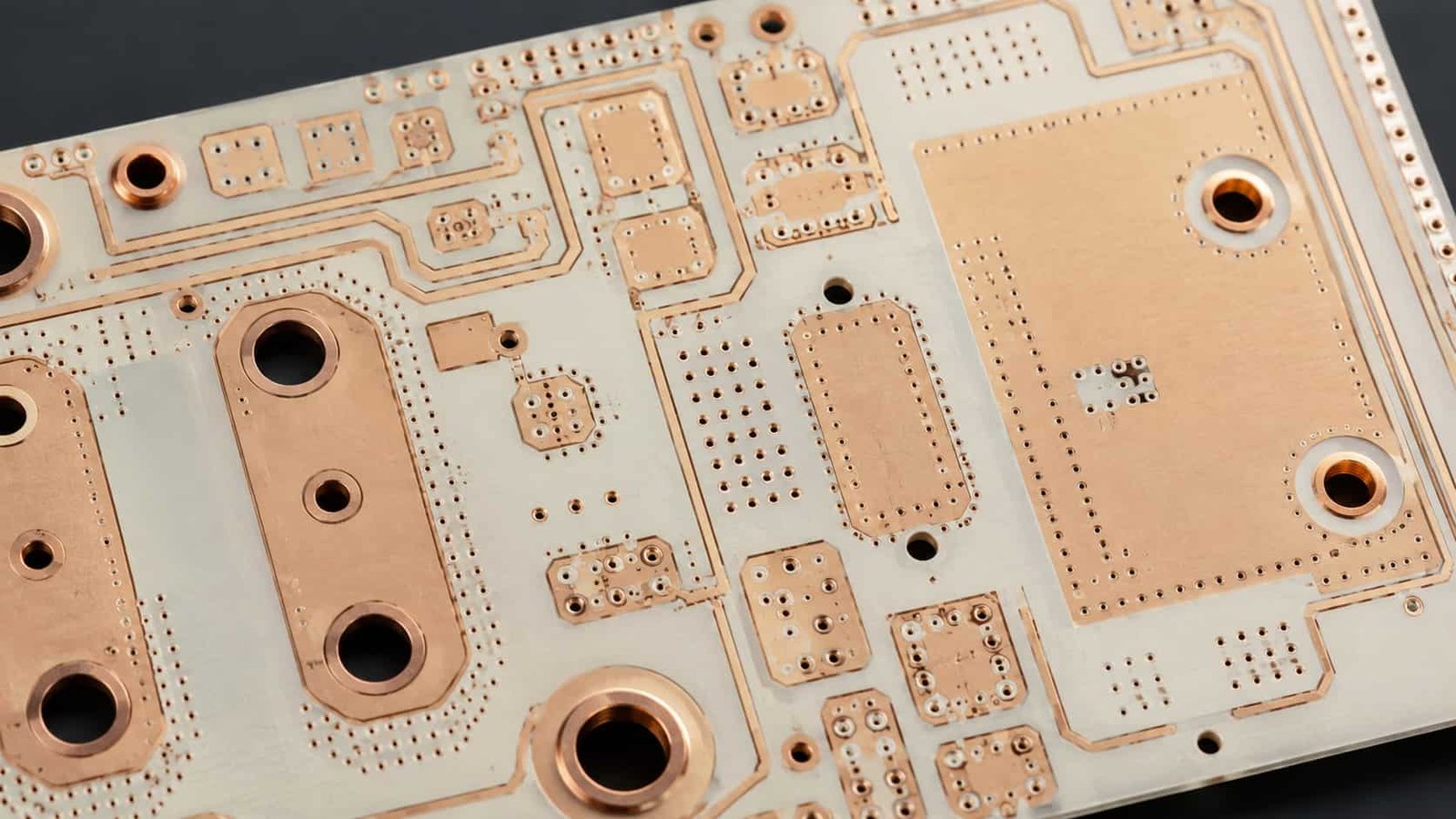 High frequency PCB drilling process showing via holes, plated through-holes and RF grounding vias on Rogers and PTFE circuit board