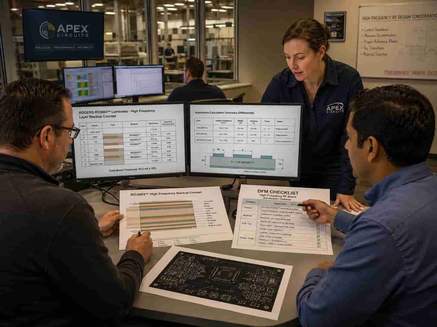 High frequency PCB factory engineering team reviewing Rogers material stackup DFM analysis and impedance calculation before production for aerospace defense RF board