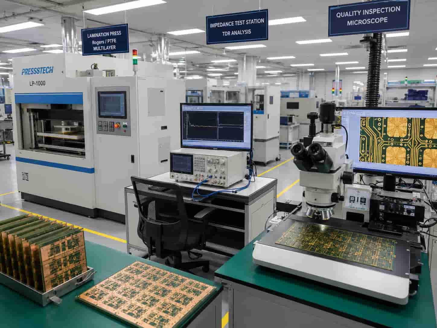 High frequency PCB factory production showing Rogers PTFE multilayer board manufacturing process with lamination press controlled impedance testing and IPC Class 3 quality inspection