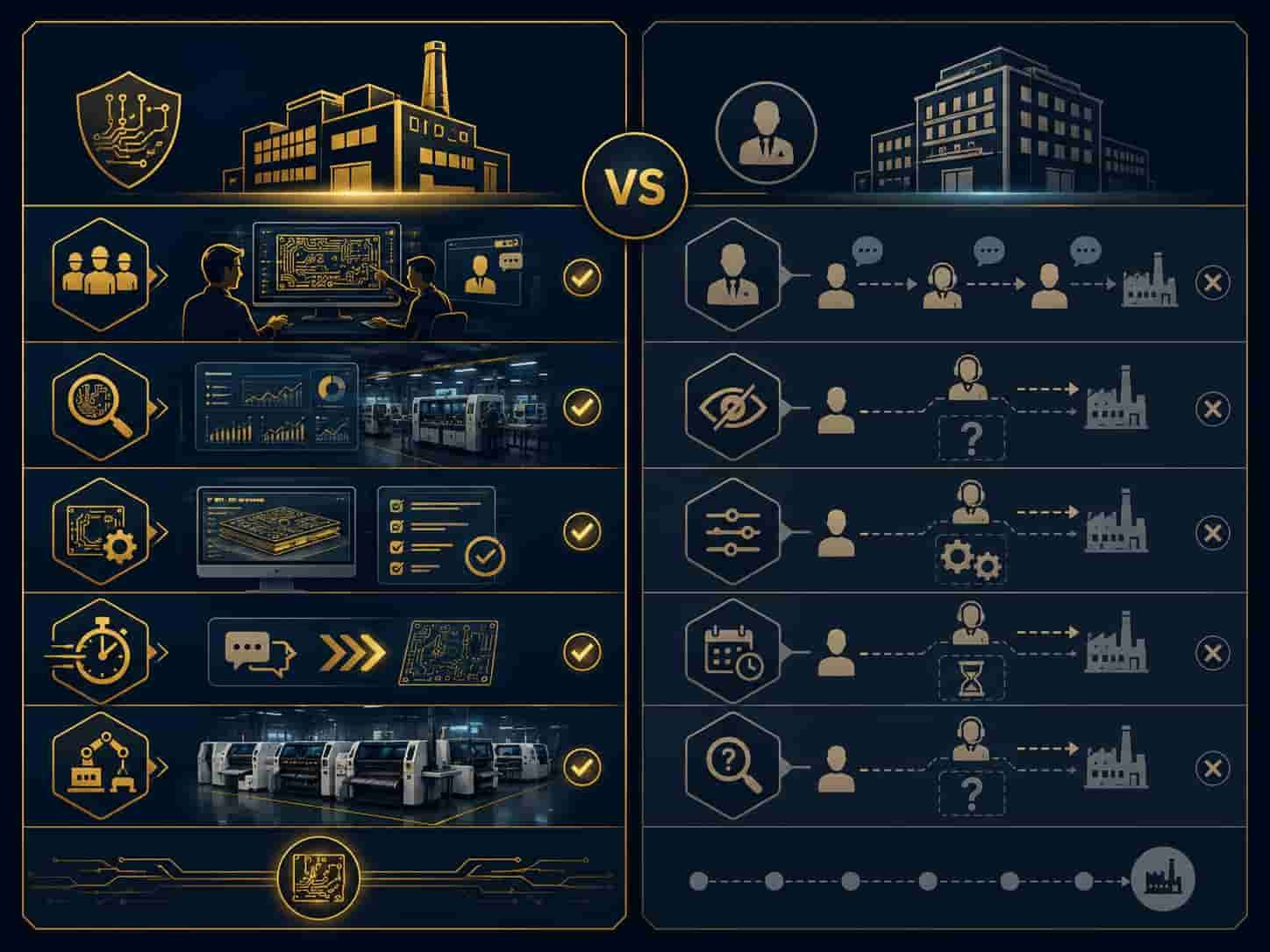Comparison diagram showing direct high frequency PCB factory versus trading company advantages including process control transparency engineering access and lead time for Rogers PTFE RF PCB