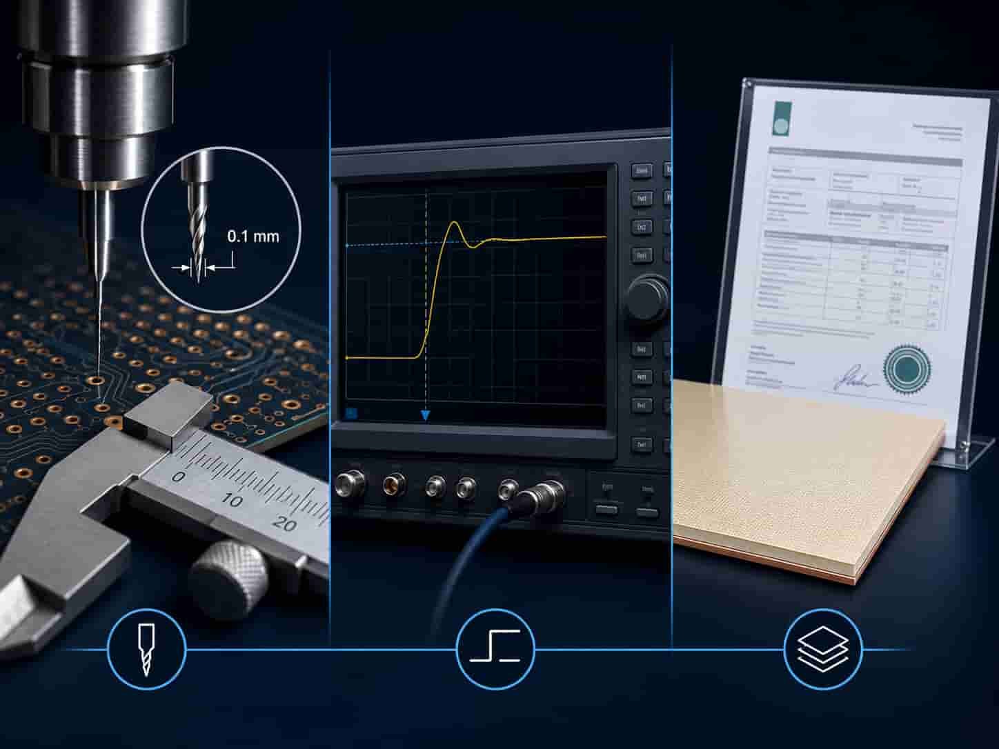 High frequency PCB manufacturer capability verification showing minimum drill size impedance tolerance and Rogers PTFE material handling process for factory evaluation