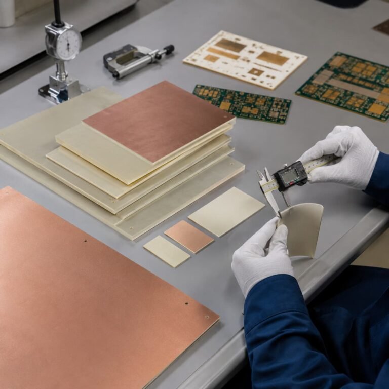 High frequency PCB laminate sheets and RF PCB samples being checked for material thickness and selection review