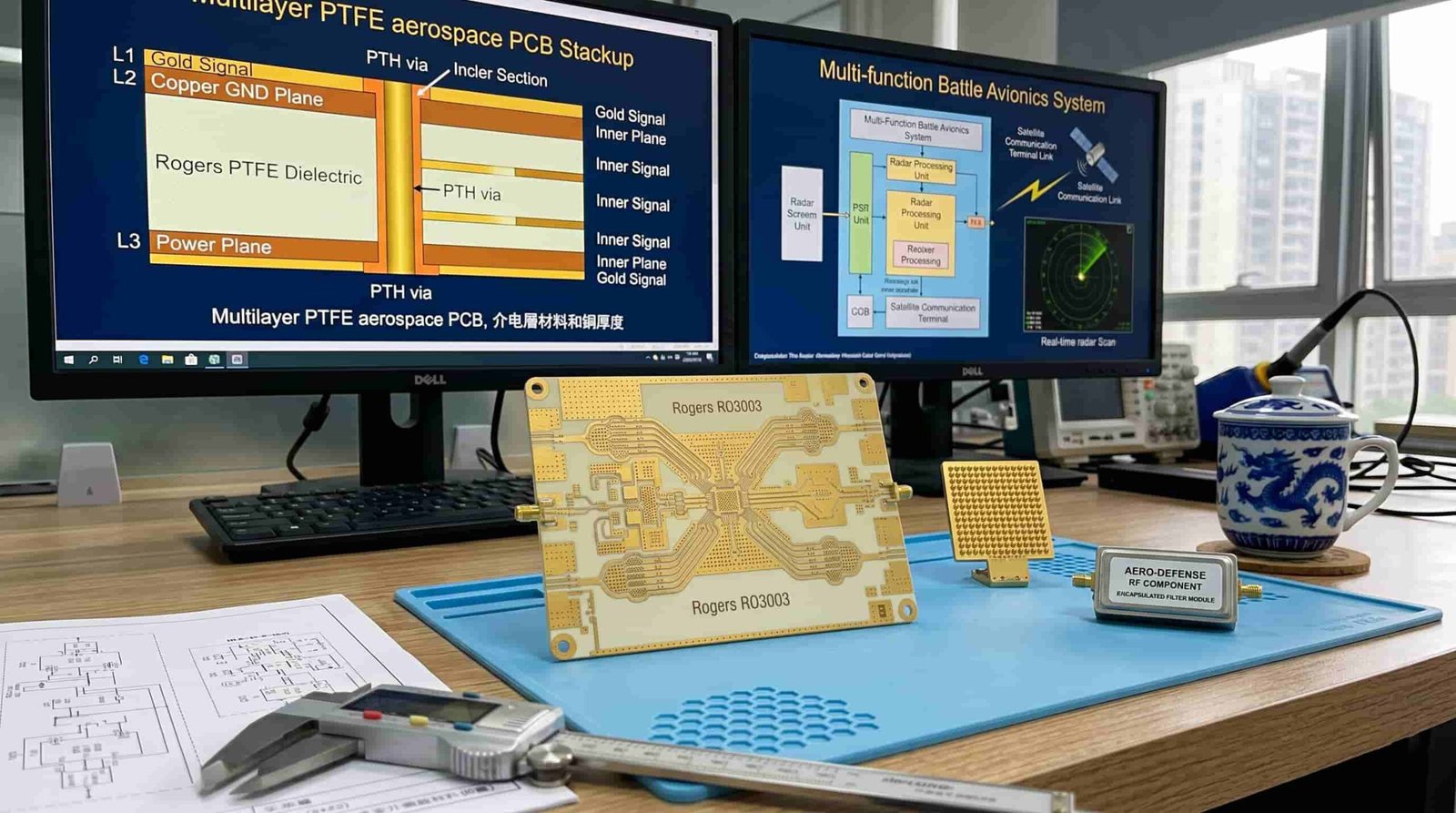 High frequency PCB for aerospace and defense applications showing Rogers PTFE multilayer board used in military radar avionics and satellite communication systems