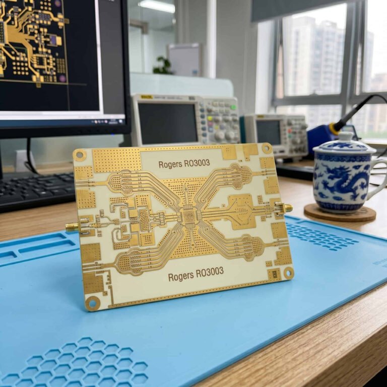 Featured image for aerospace and defense PCB guide showing high frequency Rogers PTFE circuit board used in military radar and avionics systems