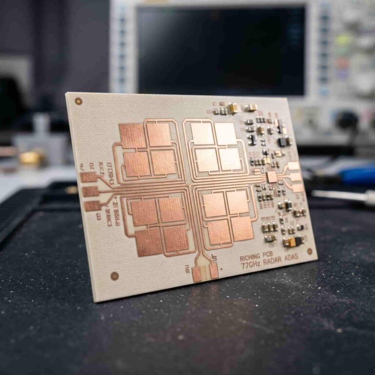 Featured image for automotive radar PCB guide showing 77GHz mmWave radar circuit board with Rogers RO3003 material for ADAS applications