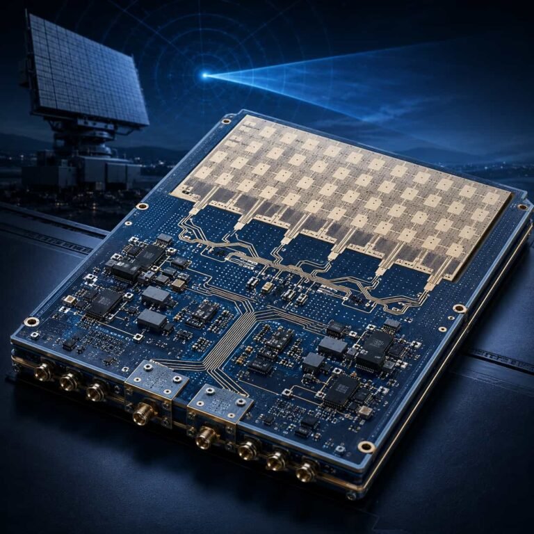 Featured image for ground-based air defense PCB guide showing high frequency Rogers multilayer circuit board used in phased array radar fire control and air defense command systems