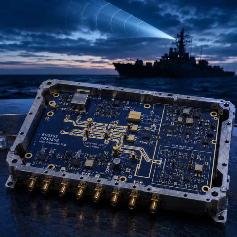 Featured image for naval shipborne electronics PCB guide showing high frequency Rogers multilayer circuit board used in naval radar sonar communication and electronic warfare systems