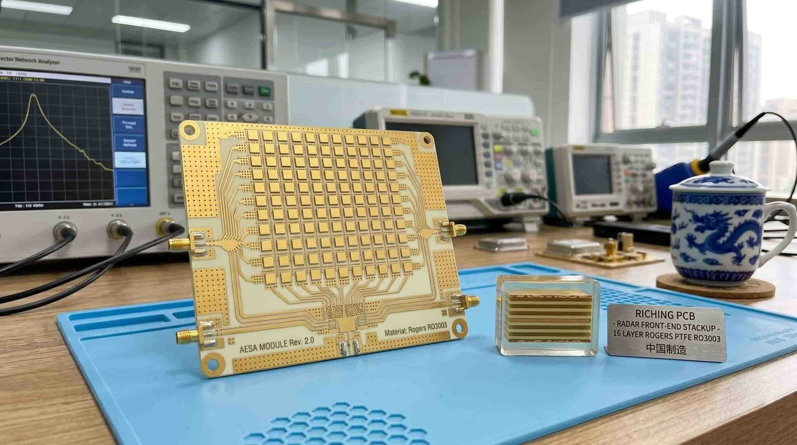 High frequency PCB for radar systems showing Rogers PTFE multilayer board used in AESA phased array electronic warfare and ground-based radar RF front-end modules