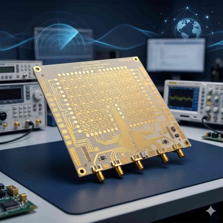 Featured image for radar systems PCB guide showing high frequency Rogers PTFE circuit board used in electronic warfare AESA phased array and ground-based radar applications