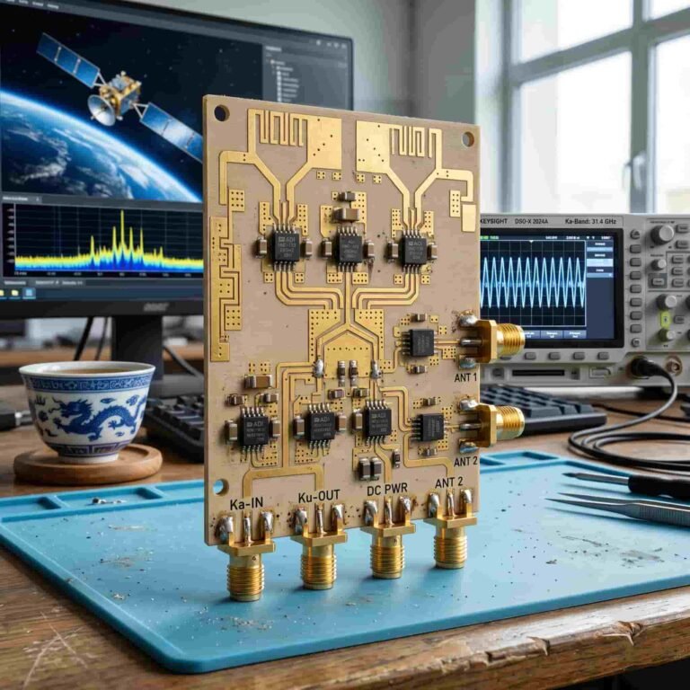 Featured image for satellite communication PCB guide showing high frequency Rogers PTFE circuit board used in Ka-band and Ku-band satellite uplink downlink and space electronics