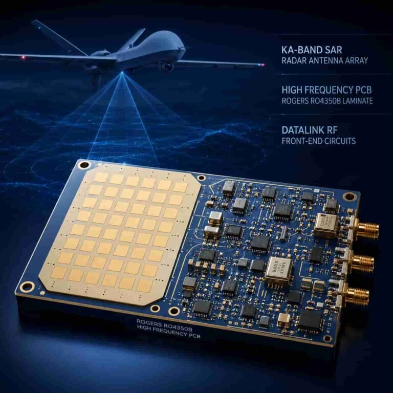 Featured image for unmanned systems PCB guide showing high frequency Rogers RO4350B circuit board used in UAV drone radar datalink EW and autonomous platform sensor electronics