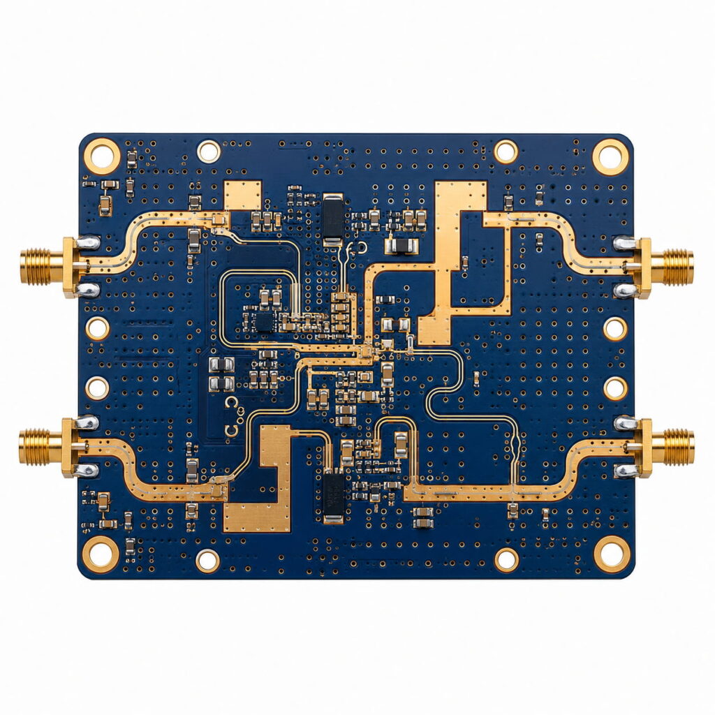 High frequency PCB isolated on a white background, featuring gold RF traces, plated through-holes, surface-mounted components, and SMA-style connectors.