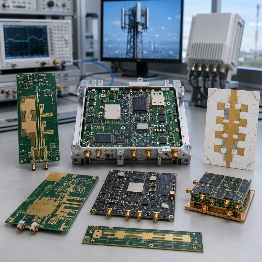 High frequency PCB, RF PCB, microwave PCB, and antenna PCB manufacturing for 5G communication devices, base station modules, and wireless infrastructure.