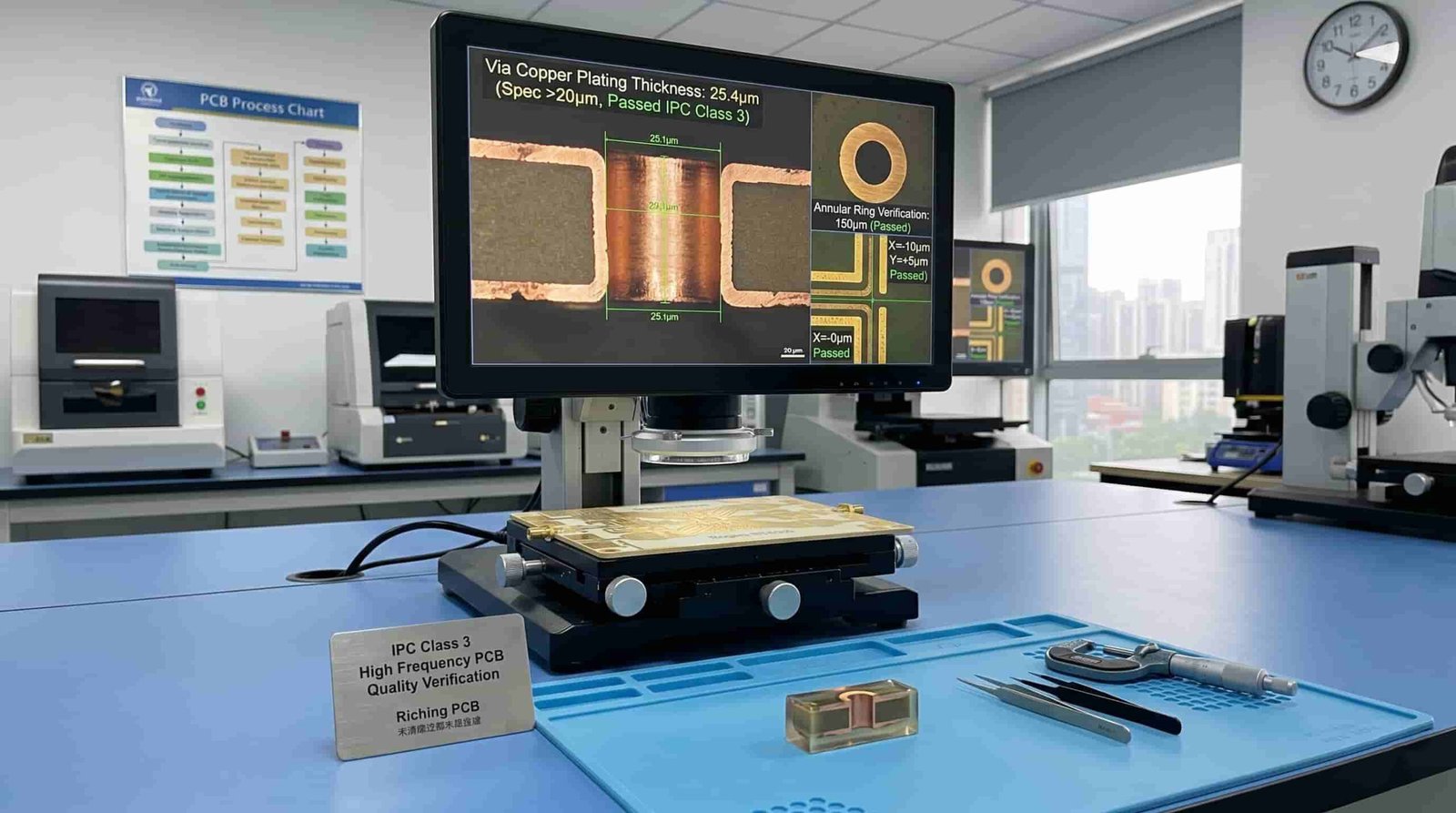 IPC Class 3 high frequency PCB manufacturing process showing controlled inspection, copper plating verification and layer registration check for aerospace defense applications