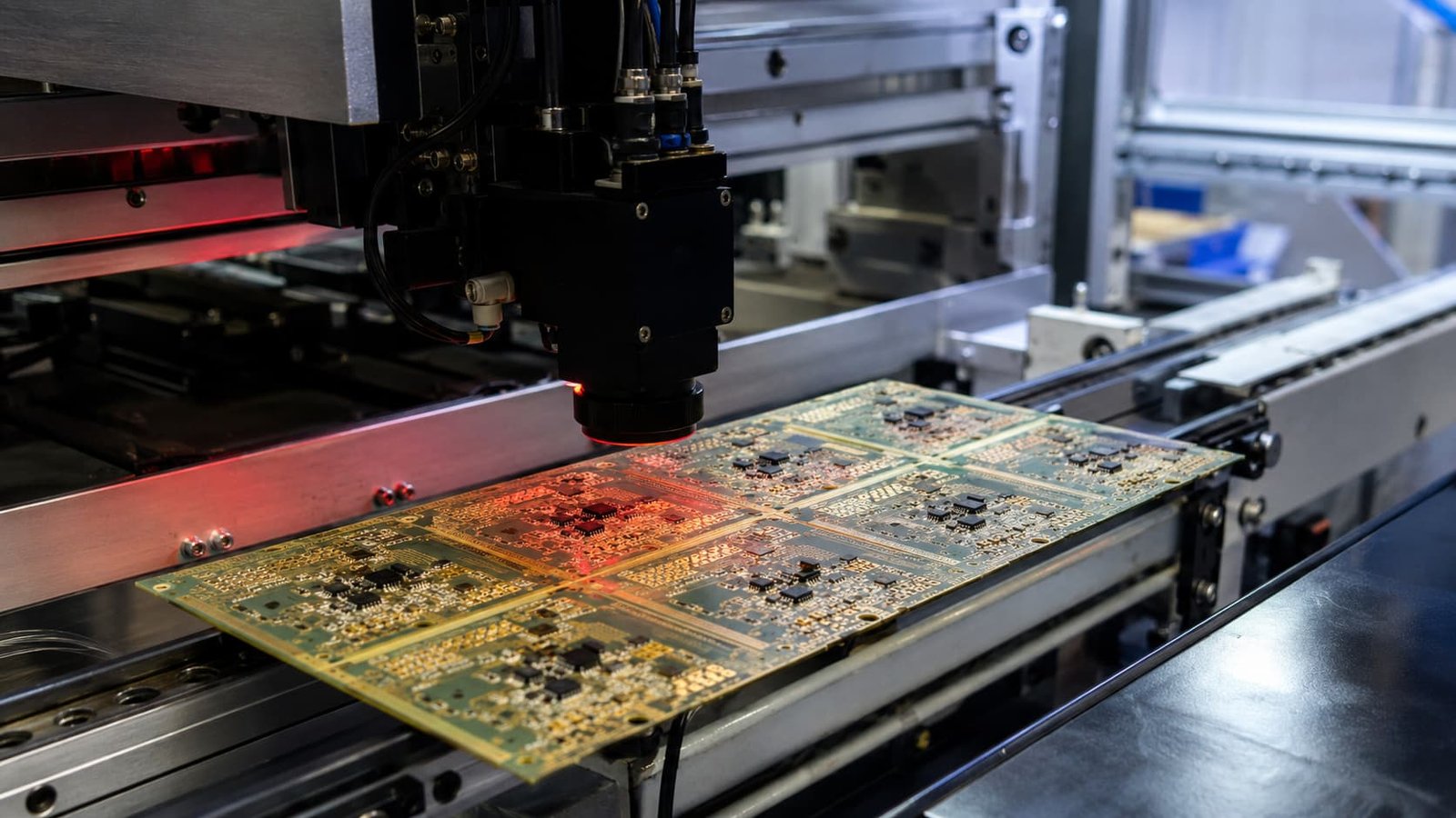 Industrial RF PCB panel during SMT assembly and inspection with components production rails and clean manufacturing process