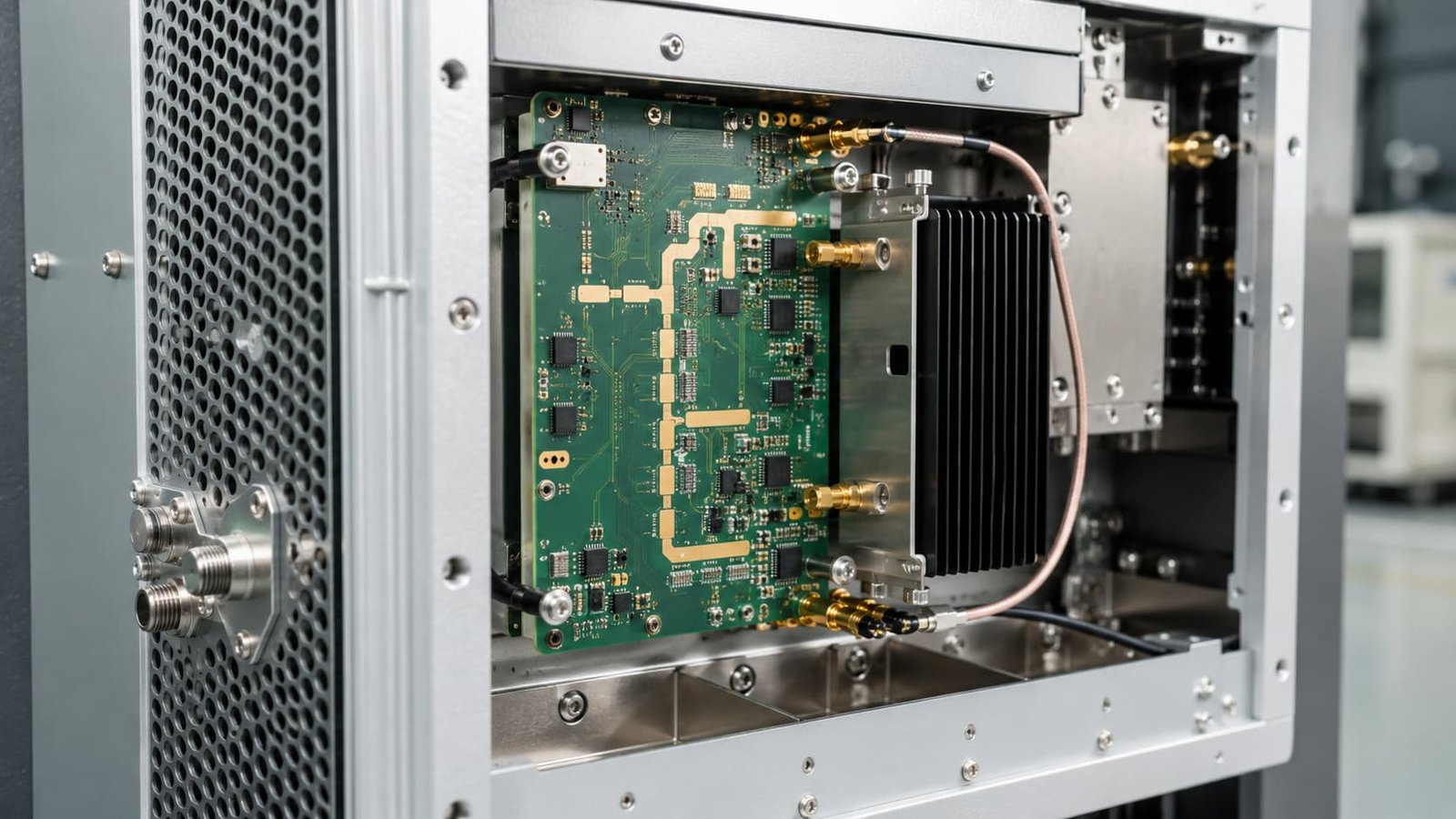 RF PCB installed inside industrial RF equipment with coaxial cables heat sink metal enclosure and industrial connectors
