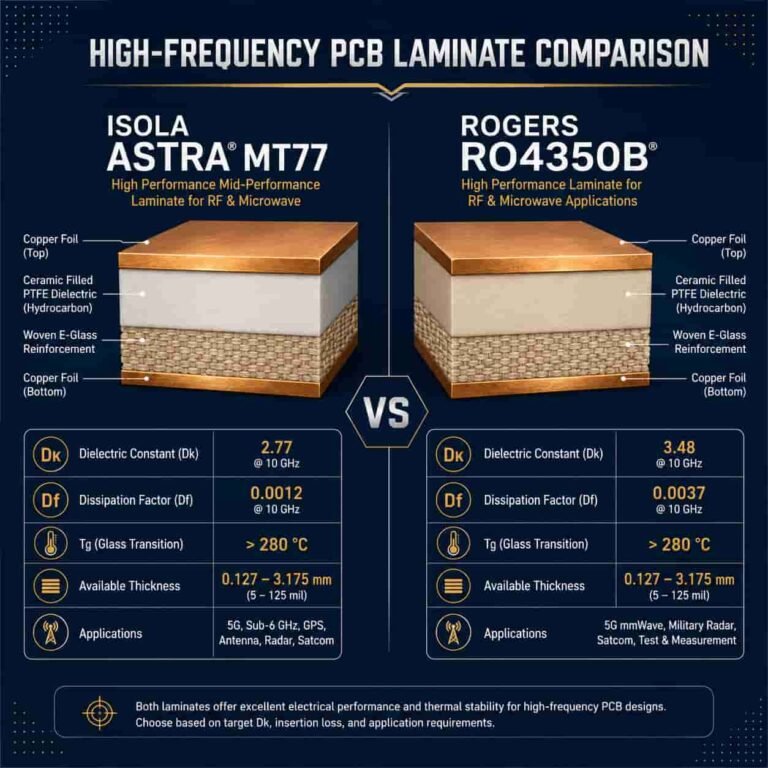 Featured image for Isola vs Rogers PCB material comparison guide showing high frequency laminate material selection for RF microwave aerospace and defense applications