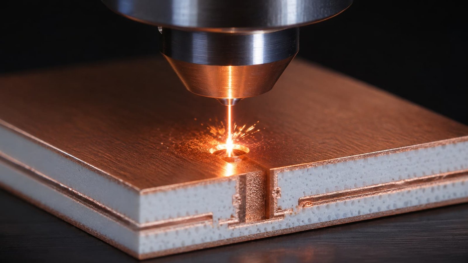 Laser drilling process for blind via on Rogers PTFE high frequency PCB substrate showing CO2 laser beam and micro via formation