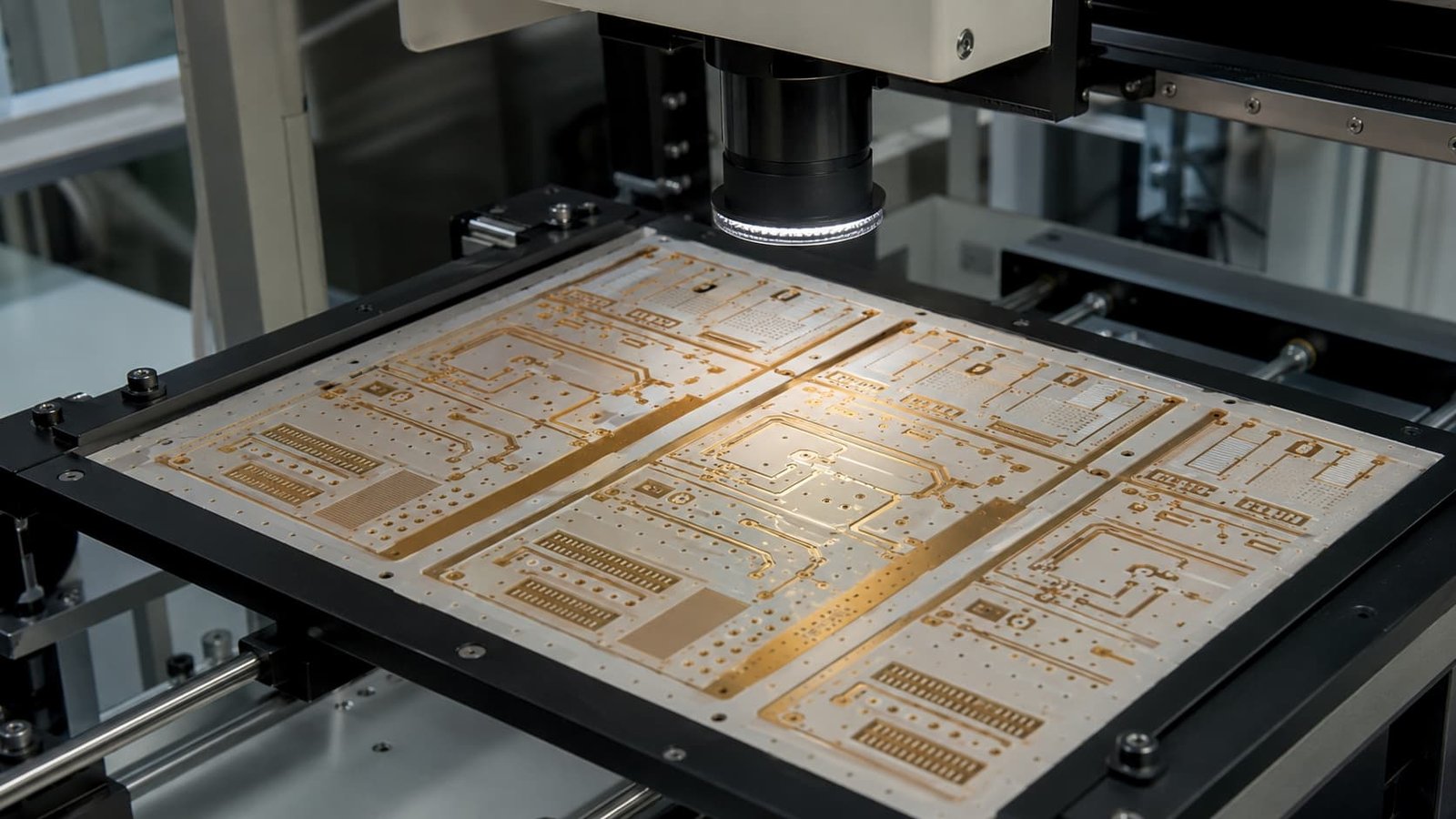 Microwave PCB panel under production inspection with fine RF traces plated holes impedance coupon and controlled manufacturing process