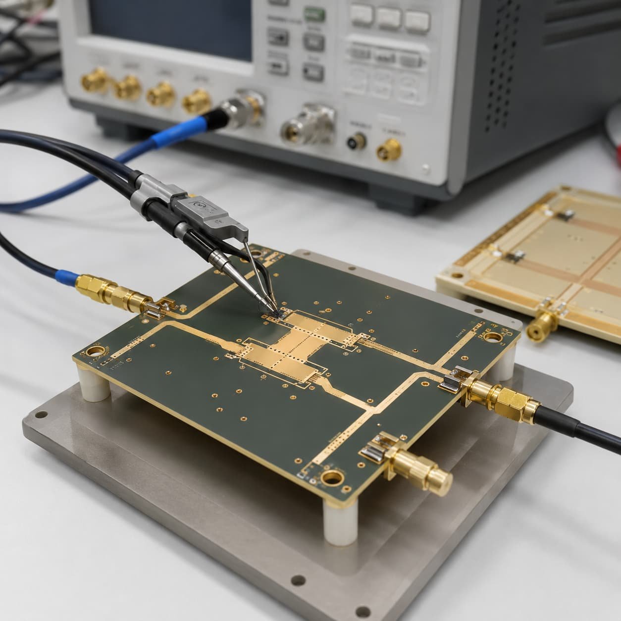 Microwave PCB connected to RF test equipment with SMA connectors coaxial cables probes and controlled impedance traces