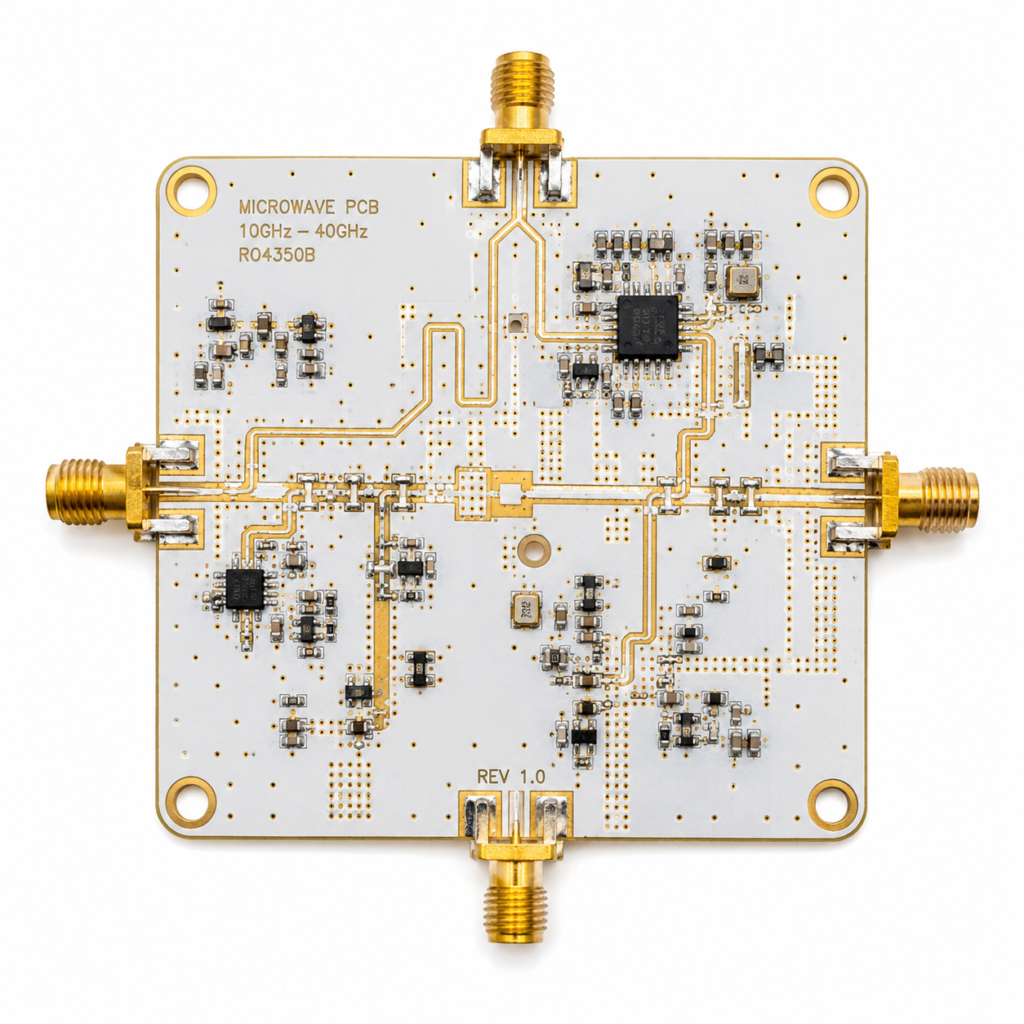 Microwave PCB with SMA Connectors on White Background