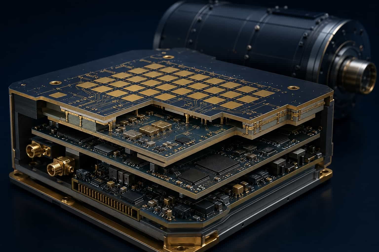 High frequency PCB for missile guidance and seeker systems showing Rogers RO3003 and RT5880 compact multilayer board used in active radar homing semi-active and passive seeker applications
