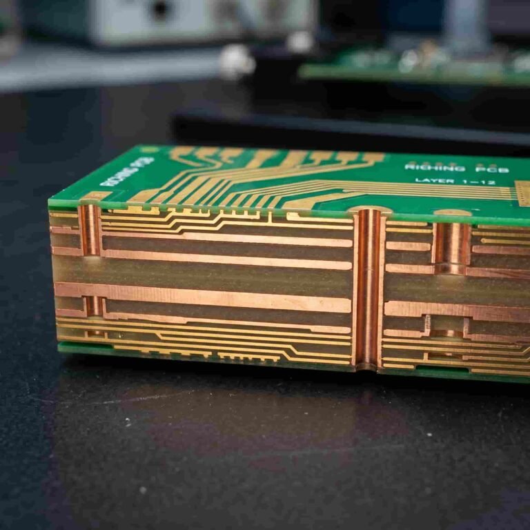 Featured image for multilayer high frequency PCB guide showing cross-section of Rogers multilayer stackup with signal layers, ground planes and dielectric layers