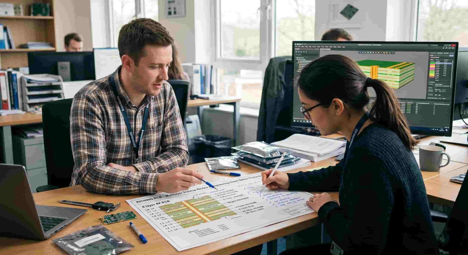 Engineering team reviewing multilayer high frequency PCB stackup document and layer structure before Rogers PTFE board manufacturing
