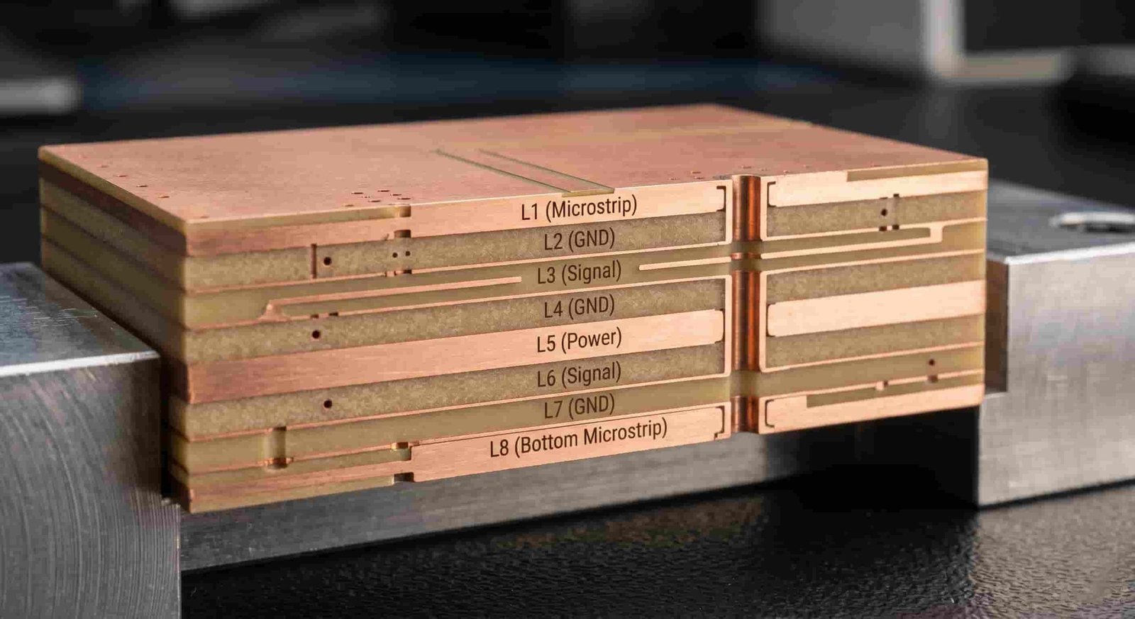 Cross-section diagram of a multilayer high frequency PCB showing signal layers, ground reference planes and Rogers PTFE dielectric layers in a controlled impedance stackup