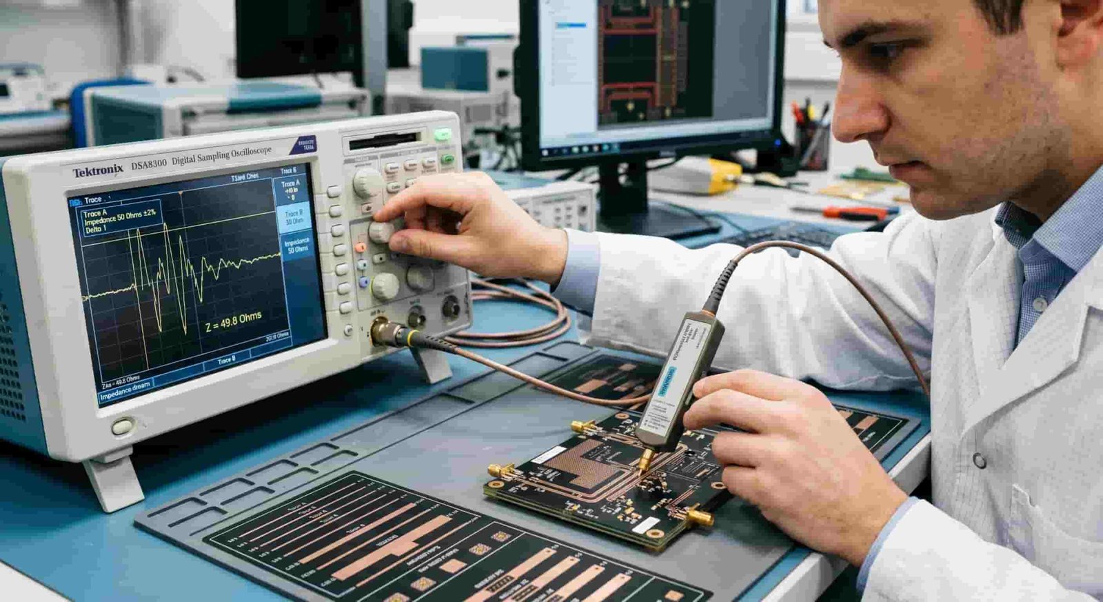 Engineer performing layer registration and controlled impedance verification on a multilayer high frequency Rogers PCB using impedance test equipment