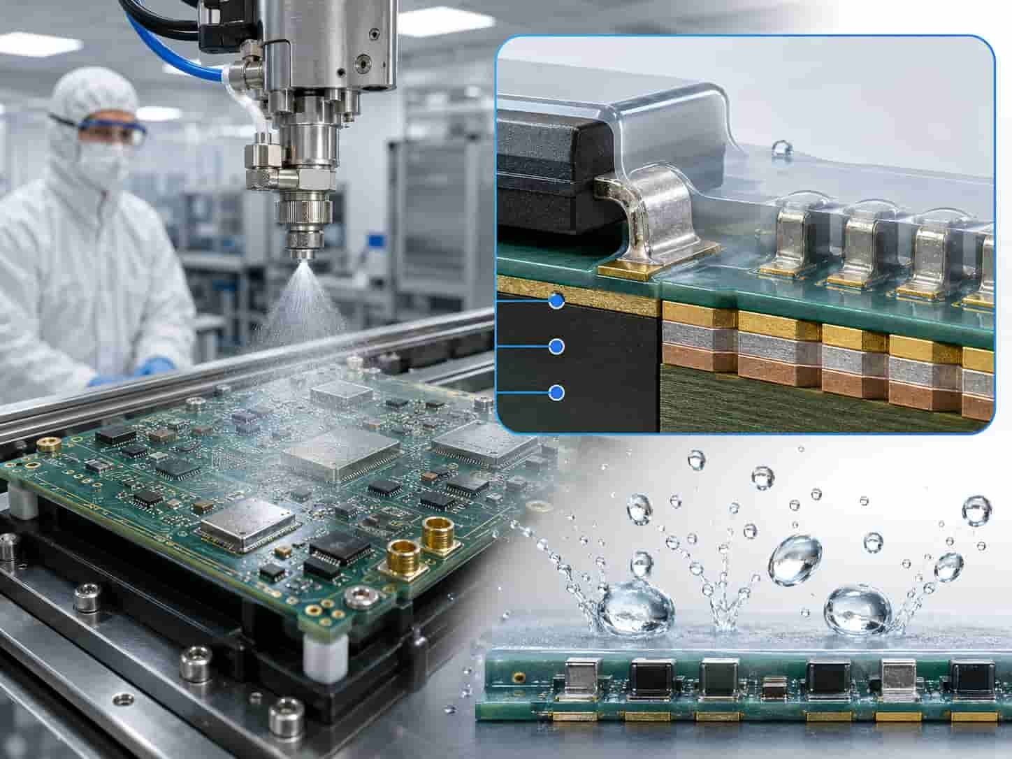 Naval PCB corrosion protection showing salt fog conformal coating application and ENIG surface finish for long-term reliability in marine environment high frequency shipborne electronics