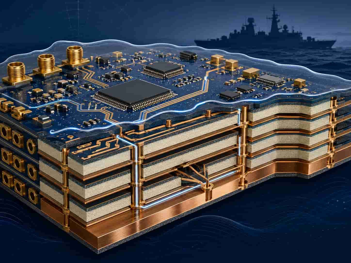 High frequency PCB for naval and shipborne electronics showing Rogers RO4350B and RO3003 multilayer board used in naval surveillance radar fire control sonar and shipborne EW systems